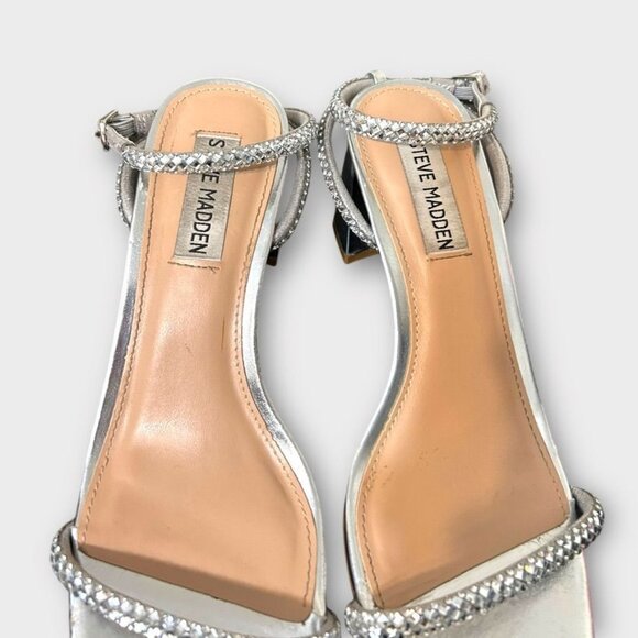 Steve Madden Hurrah Sandal Silver Crystal 6M Block Heels EUC Party Sparkle - Picture 5 of 8